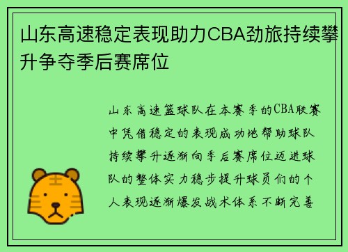 山东高速稳定表现助力CBA劲旅持续攀升争夺季后赛席位 山东高速稳定表现助力CBA劲旅持续攀升争夺季后赛席位