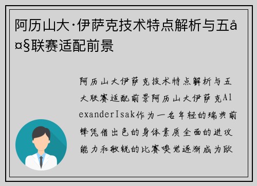 阿历山大·伊萨克技术特点解析与五大联赛适配前景